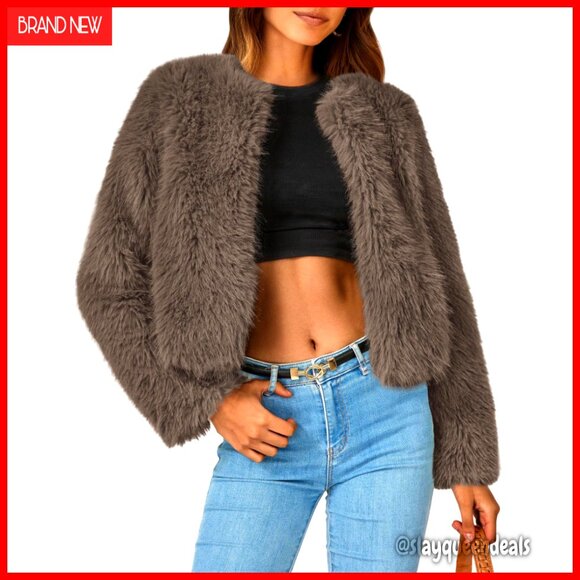 Jackets & Blazers - Women's Faux Fur Cropped Jacket Fleece Winter Coat Long Sleeve Pockets